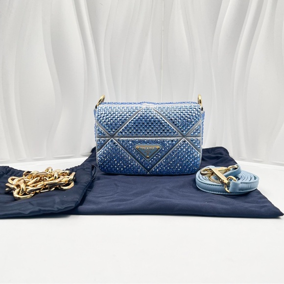 Prada Handbags - PRADA Mini Satin Bag with Crystal Embellishments Blue Gold Hardware